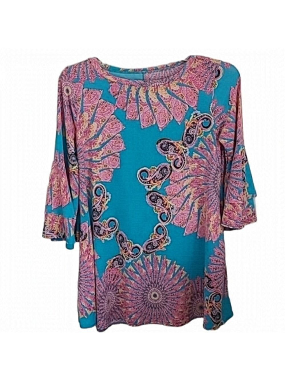 PINK & Teal Paisley Tunic Top with Bell Sleeves & Pockets Size Small